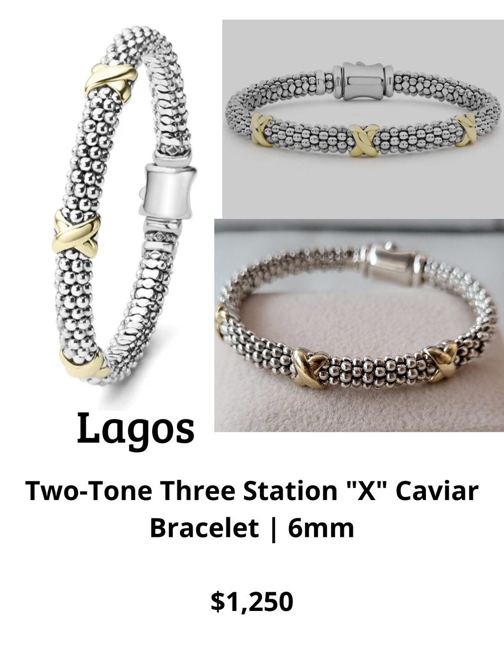 LAGOS Two-Tone Caviar Bracelet with Gold 'X' Stations - Silver & Gold.  #225P